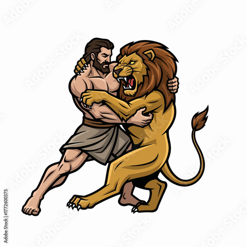 The biblical story of Samson and the lion. A powerful cartoon graphic of a hero fighting a beast. Mascot design symbolizing strength and courage