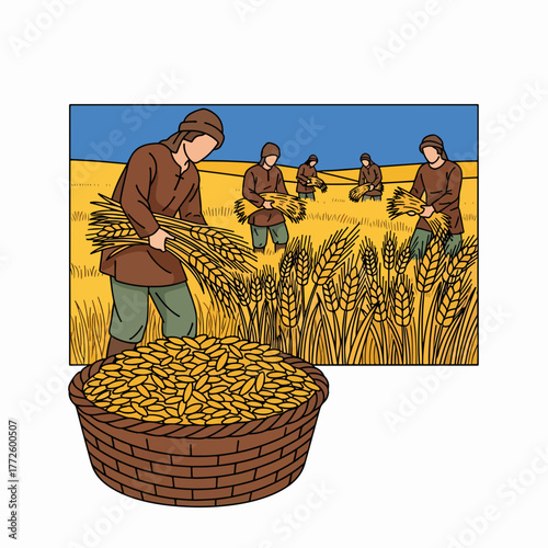 A biblical scene of farmers during a wheat harvest. Historical agriculture and ancient farming concept. Cartoon drawing of peasants working in a field