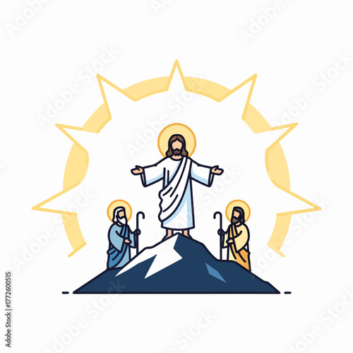 The Transfiguration of Jesus Christ biblical scene. Christian line art icon with flat color. Religious graphic of Jesus on the mountain with disciples