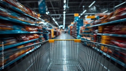 Dynamic point-of-view from a shopping cart looking down a supermarket aisle. The colorful products on the shelves are blurred to create motion.