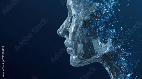 Abstract human face in profile. AI assistant or Artificial Intelligence agent concept. Low poly wireframe head of humanoid robot in technology futuristic style. Blue tech background.
