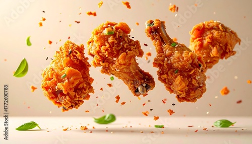 Four golden-brown, crispy fried chicken pieces hover against a neutral beige backdrop. Scattered with herbs and specs, it's a studio shot, food