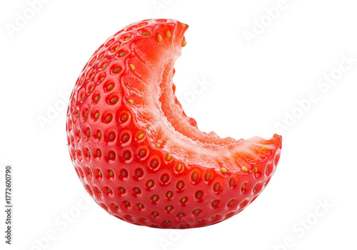 Fresh Bitten Strawberry Isolated on White. Delicious Red Fruit with a Bite Mark, Healthy Snack Concept.