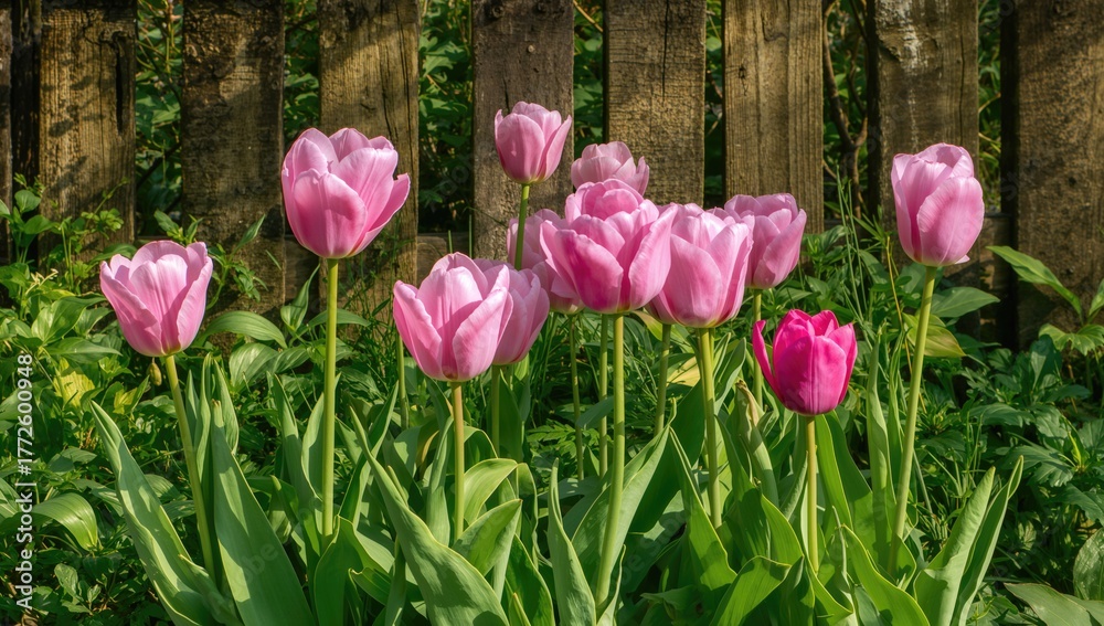 Fototapeta premium Bright Pink Tulips Blooming Along a Garden Fence