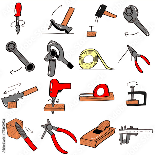 様々な工具の使い方のシンプルなイラスト