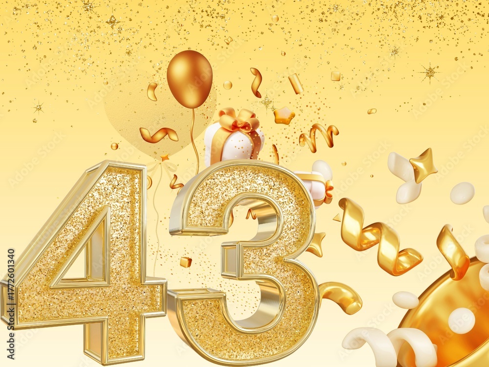 Fototapeta premium Golden number 43 with balloons and confetti on yellow background 