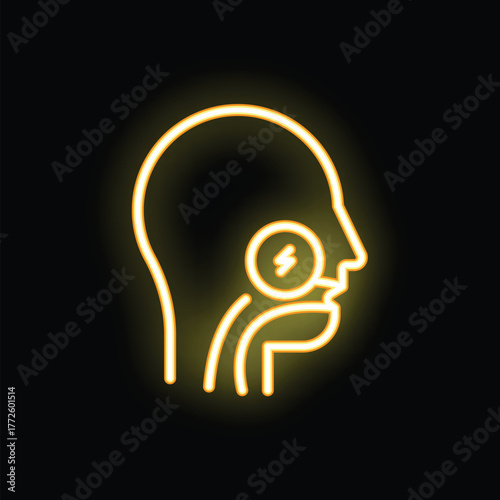 Yellow glowing neon icon showing a sore throat symptom