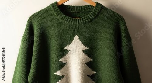 A green Christmas jumper with a white tree design on a hanger. Festive knitted holiday sweater for Christmas Jumper Day. Winter season apparel
