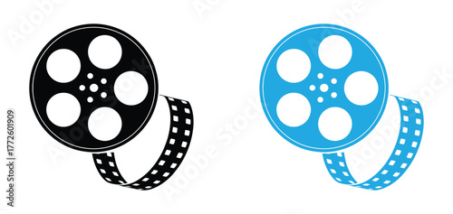 Film reel movie icon. Vector isolated icon. Black movie reel icon in vintage style on white background. EPS 10

