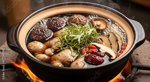 Fototapeta Naklejka Na Ścianę i Meble -  Delicious Chicken Soup with Mushrooms and Herbs on a Stove.