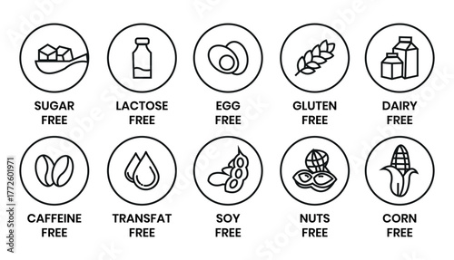 Set allergen free icons. Allergen free label products. Free lactose, gluten, sugar, corn, egg, trans fat, dairy, soy, nuts, caffeine, symbol, logo, badge, black, vector, isolated on white background.