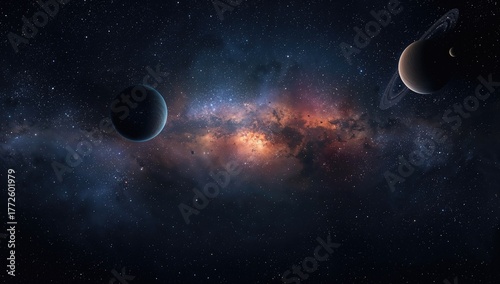 Vast dark outer space panoramic view featuring planets, stars, clouds, and nebula, ideal for cosmic exploration themes