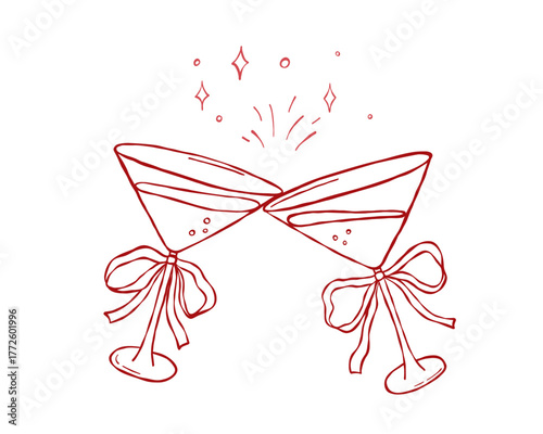 Coquette cocktail glasses with lace bow, hand draw vector, clink glasses martini, doodle whimsical sketch for party invitation, toast