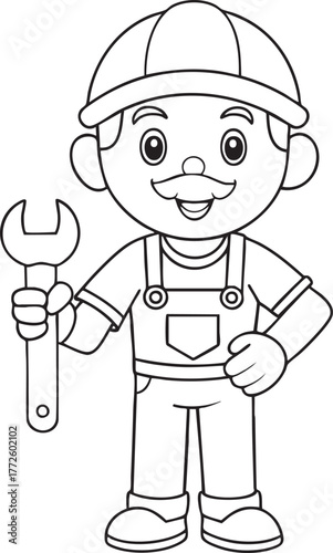 Friendly cartoon plumber character holding a wrench ready for home repairs and plumbing services