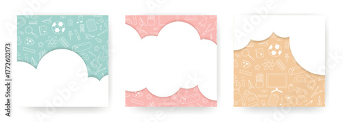 Square templates on theme of education set. Backgrounds with patterns of confectionary supplies and clouds with space for text. Mockups for booklet, brochure, post, leaflet, vector graphic