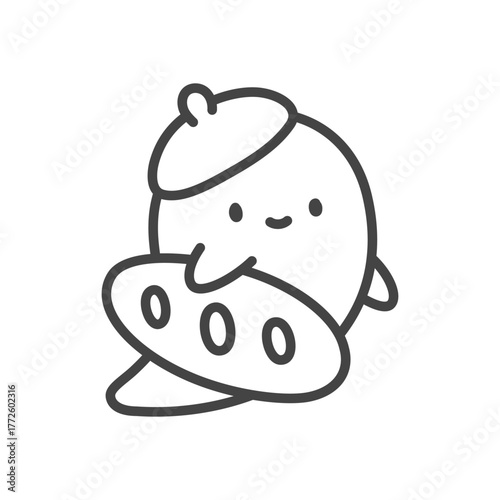 Happy ghost baker icon. Funny little spirit in a french beret holding a baguette. Monochrome doodle illustration isolated on white background. Kawaii halloween sticker. Vector 10 EPS.