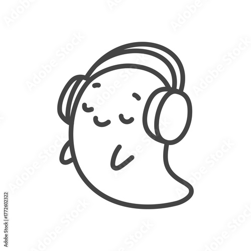 Happy ghost with headphones icon. Funny little spirit enjoying music with big headphones, cheerful design. Monochrome doodle illustration isolated on white background. Kawaii halloween sticker. 