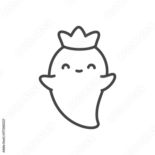 Happy ghost with crown icon. Funny little spirit wearing crown, royalty inspired design. Monochrome doodle illustration isolated on white background. Kawaii halloween sticker. Vector 10 EPS.