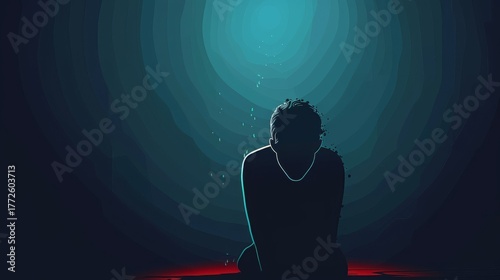 Silhouette of a Man Kneeling in Despair Under a Spotlight Artistic Illustration Dark Background Emotional Turmoil Mental Health Crisis