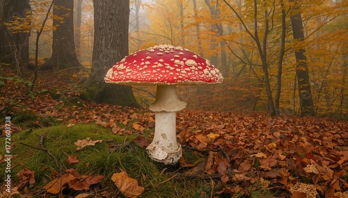 Large red fly agaric mushroom thrives in forest during autumn, seasonal change
