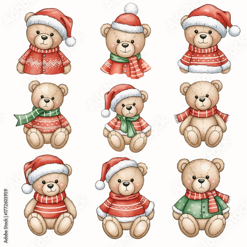 Set of Cute Christmas Teddy Bears with Santa Hats and Sweaters