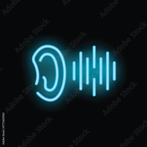 Glowing neon illustration of an ear with soundwaves entering the auditory canal