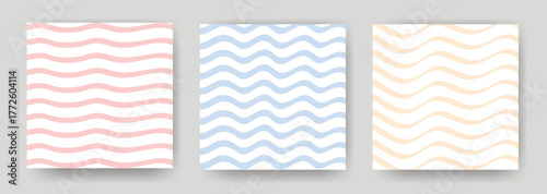 Delicate pastel square backgrounds with wavy lines set. Repeating horizontal waves of blue, pink and beige on white background. Abstract patterns, vector graphic