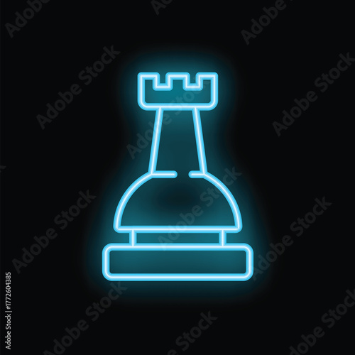 Neon blue rook chess piece glowing on a black background representing strategy and planning