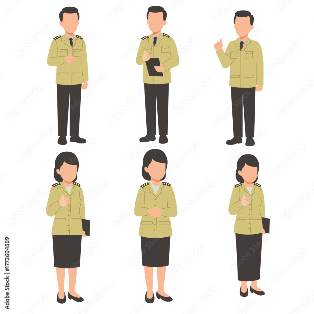 Obraz premium Set of Indonesian Civil Servant (PNS) Characters with Uniform Poses