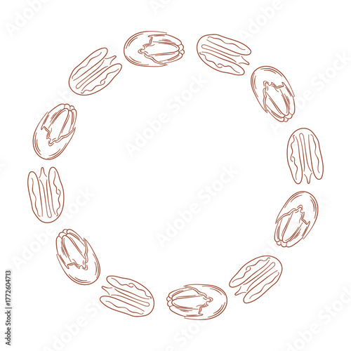 Circular frame with Pecan nut isolated on a white background in line art style. Healthy food and organic snacks for packaging and card.