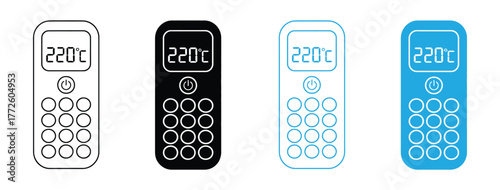 Modern digital temperature controller interface showing 220 degrees Celsius with power and selection buttons, ideal for appliance design and smart home concepts