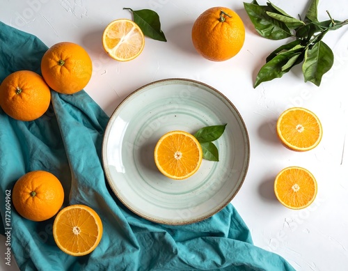 Overhead still-life of citrus fruits and leaves arranged on white surface