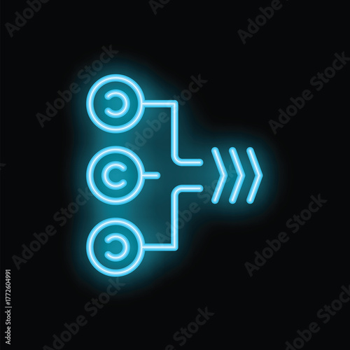 Blue neon glowing copyright symbol being transferred with arrows on a black background