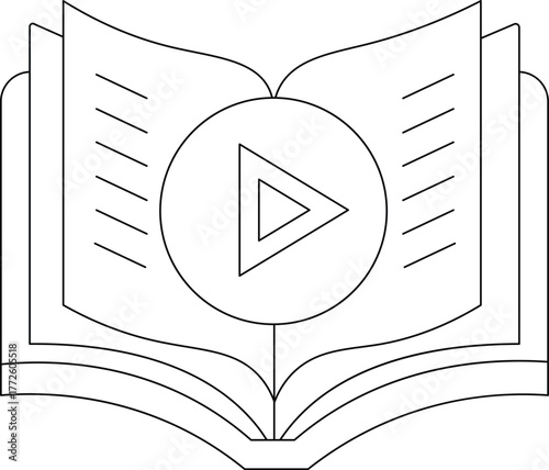 Vector video book concept, an open book with a play button icon in the center, isolated on white background