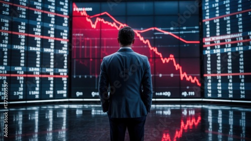 A man in a suit facing a falling stock market. The screen behind him displays a red graph