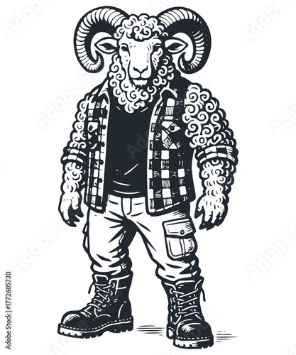 An anthropomorphic ram character dressed in a flannel shirt, pants, and boots. Black and white vector illustration in a cool, modern graphic style.