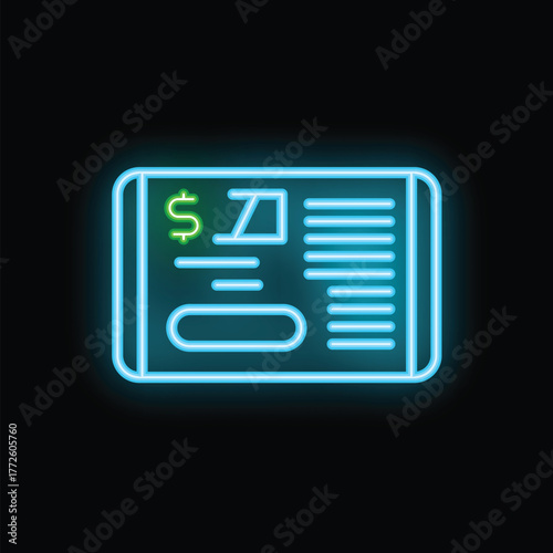Glowing neon sign representing a credit card with a dollar sign, illustrating secure online payment methods
