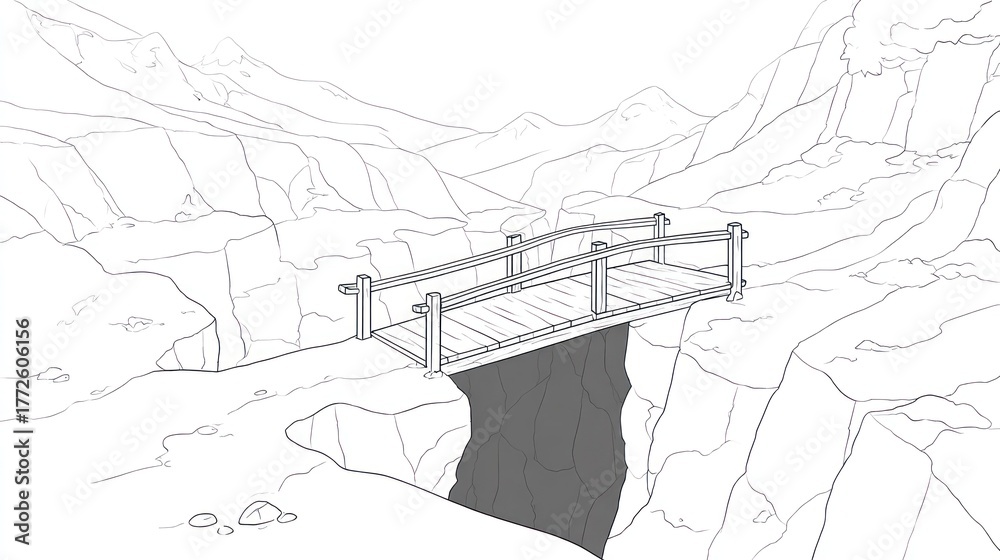 Obraz premium Wooden bridge spanning a gorge line art illustration in natural landscape