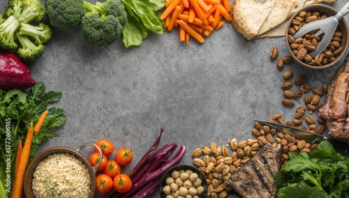 Healthy low carbohydrate meal assortment featuring vegetables, seafood, protein, dairy, and nuts - Atkins eating plan