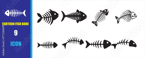 Skeleton Fish Bones Icon Set. Animal Aquatic Sea Ocean Life Cartoon Dead Shark, Fish Skeleton Silhouette Vector Illustration Eps 10