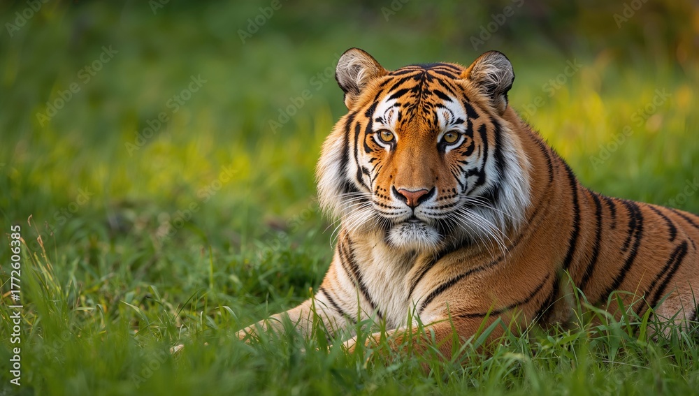 Fototapeta premium Majestic Bengal Tiger resting in tall grass, focus on wildlife preservation