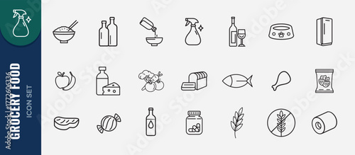 Set of Grocery food icon. Illustration of Grocery Icon set. Vector icon set of meat, fish, fruits, beverage, medicine.