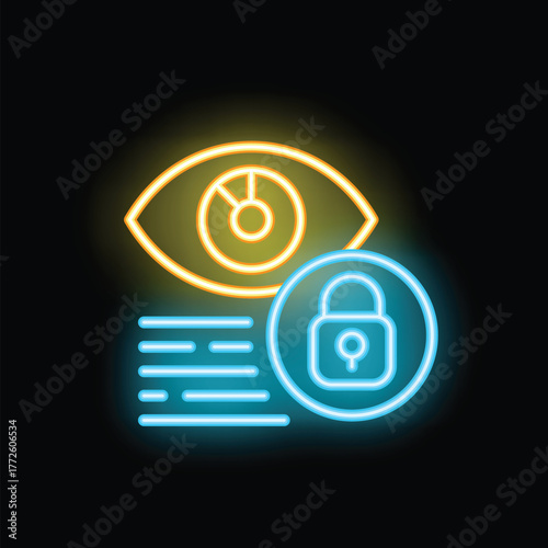 Neon glowing icon of an eye with data protected by a padlock symbolising online privacy