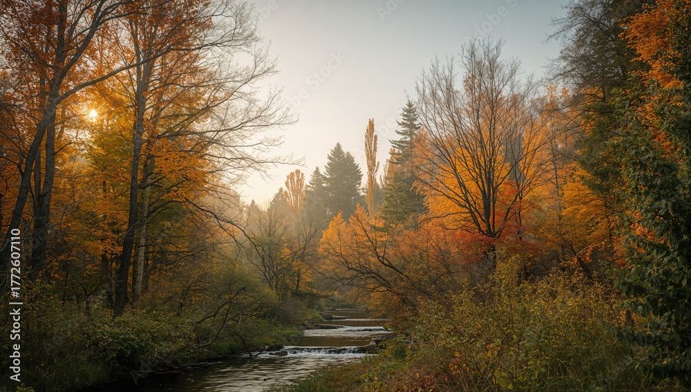 Fototapeta premium Autumn landscape with falling leaves, showcasing seasonal change