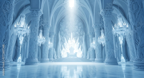 Ornate ice palace interior with crystal throne and chandeliers is lit by a bright light from above.