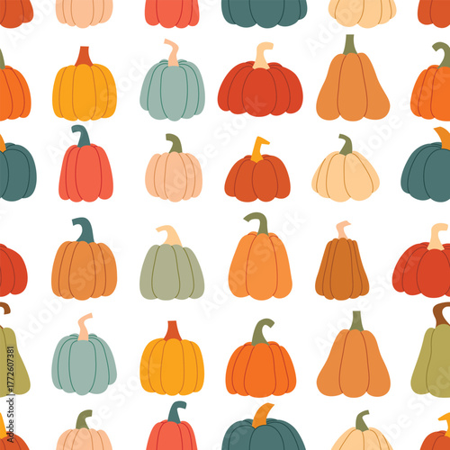 Multicolored pumpkins seamless pattern. Background with cute autumn pumpkins in row. Gourds of different varieties print for textiles, packaging, paper, design. Vector graphics
