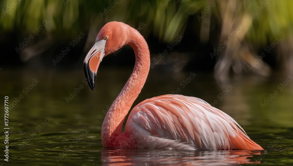 Fototapeta premium Flamingo bird standing in water, showcasing its vibrant body and features, highlighting its natural habitat