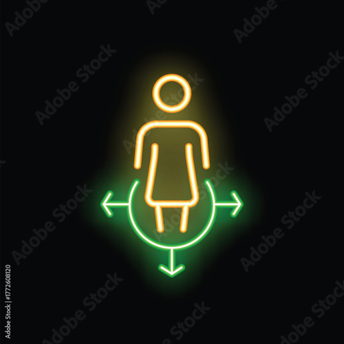 Neon woman icon standing inside circle with arrows pointing in different directions