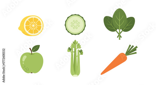 Fresh produce set: lemon, cucumber, spinach, apple, celery, carrot in flat design