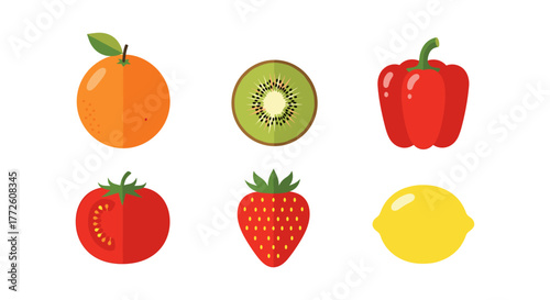 Colorful flat fruit and vegetable icons featuring orange, kiwi, pepper, tomato, strawberry, and lemon